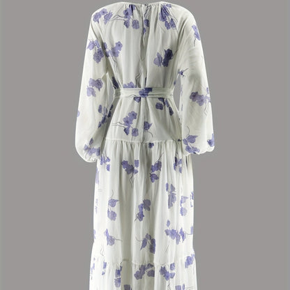 Watercolor Floral Maxi Dress | Long Sleeve Belted Tiered Dress(MS273)